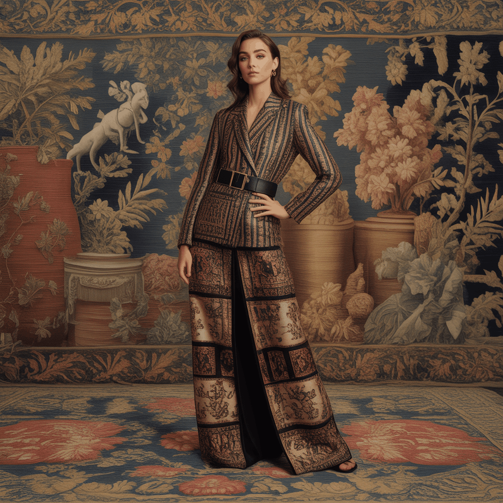 Tapestry print womens long coat with ornate details and a classic artistic look
