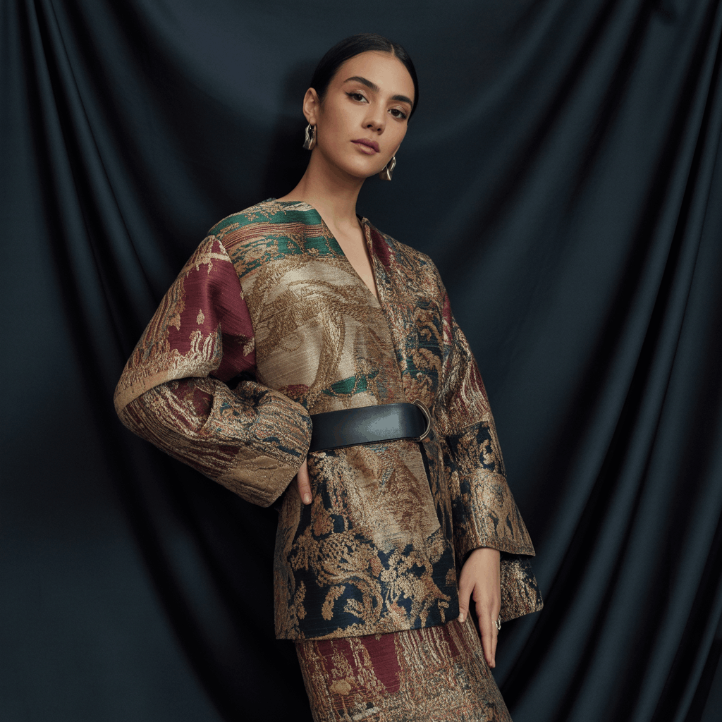 Classic coat women clothes style with tapestry print and decorative vintage detail