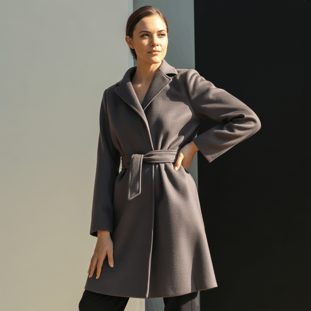 Belted wool coat for women with a defined waist and tailored shape