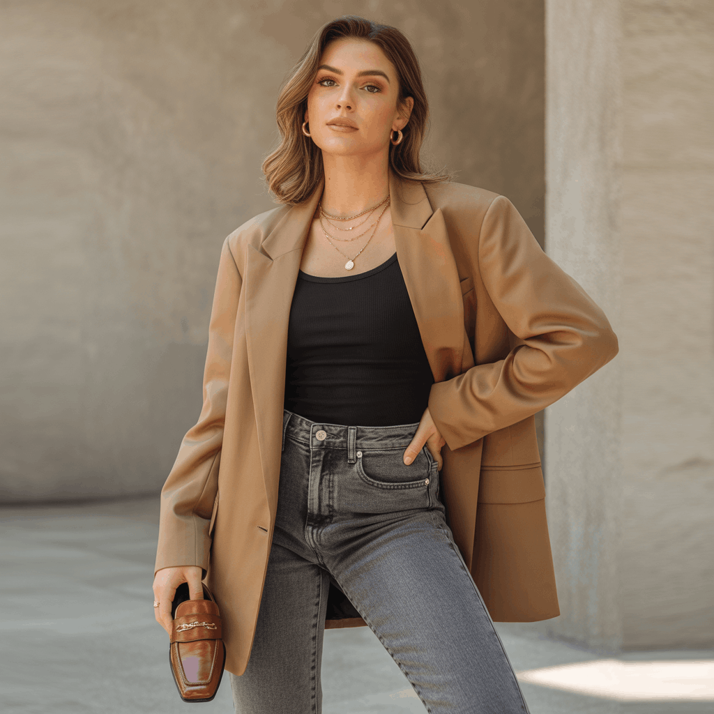 Grey Jeans Outfits for Women - 15 Low-Effort Looks That Slay 13 High-waisted grey jeans styled with a camel oversized blazer, black tank top, and polished loafers for a smart, work-appropriate look.