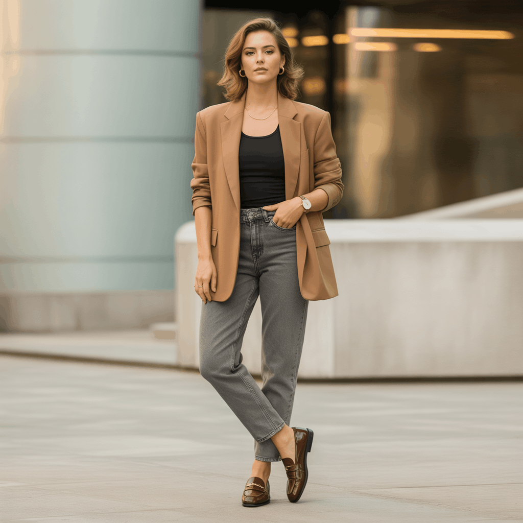 Grey Jeans Outfits for Women - 15 Low-Effort Looks That Slay 14 Chic grey jeans outfit for women featuring a tan blazer, minimal black top, and low block heels for effortless “boss energy” denim styling.