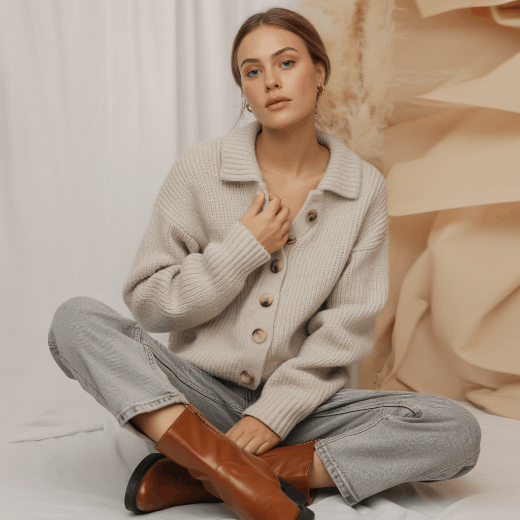 Grey Jeans Outfits for Women - 15 Low-Effort Looks That Slay 10 Brunch-ready grey jeans look featuring an ivory knit cardigan with oversized buttons and warm brown ankle boots.