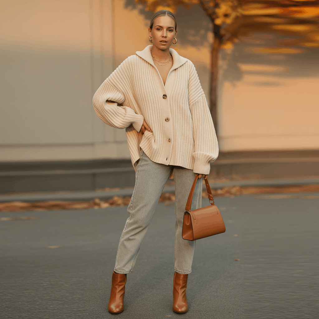 Grey Jeans Outfits for Women - 15 Low-Effort Looks That Slay 9 Cozy fall outfit with light grey jeans, chunky cream cardigan worn as a top, and brown leather ankle boots.