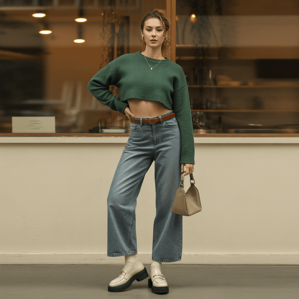 9 Genius Ways to Style Wide Leg Jeans for Effortless Autumn Outfits 4 What to wear with wide leg jeans: cropped knit top and platform loafers for a preppy vibe