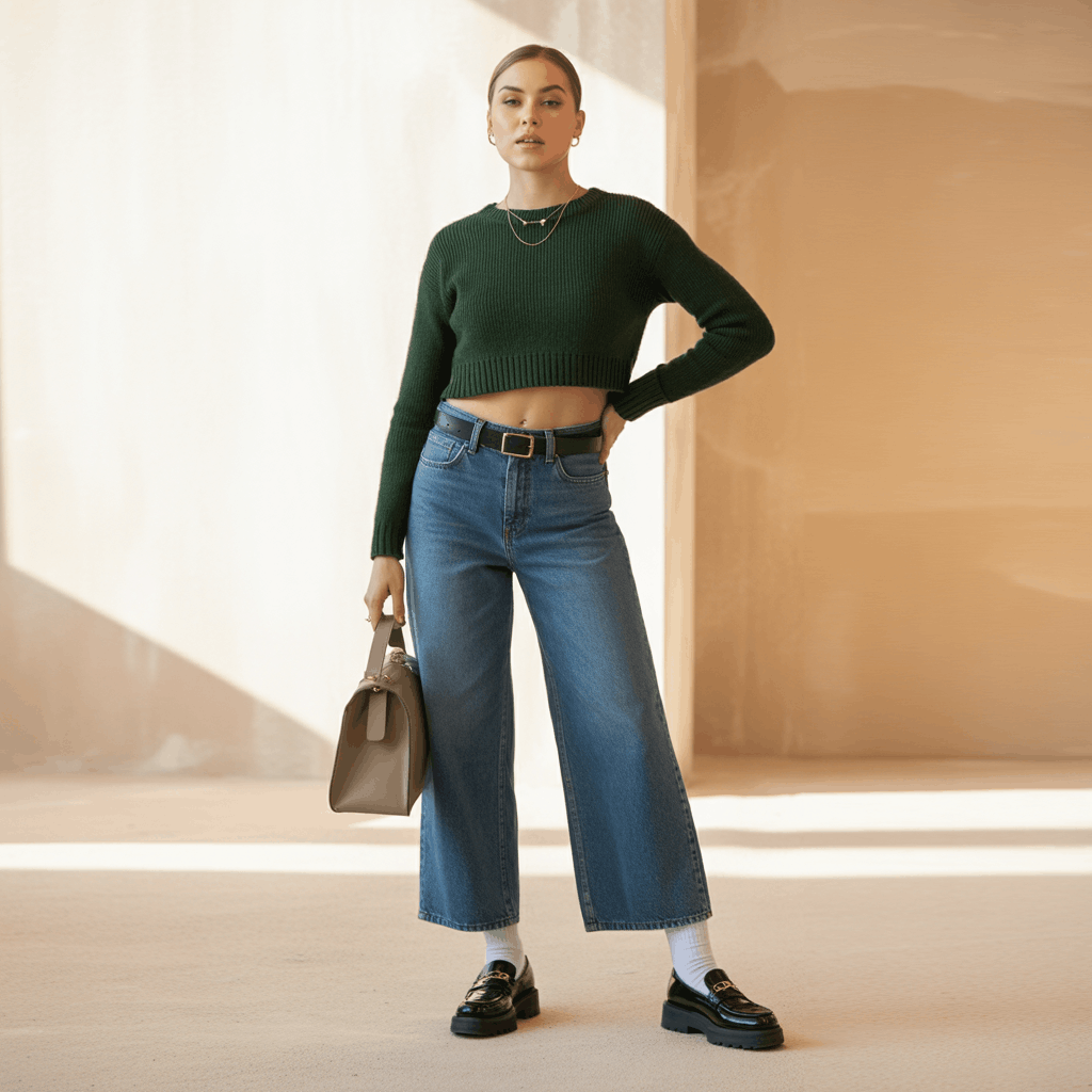 9 Genius Ways to Style Wide Leg Jeans for Effortless Autumn Outfits 3 Wide leg jeans outfit with cropped sweater and chunky loafers for a cozy fall look.