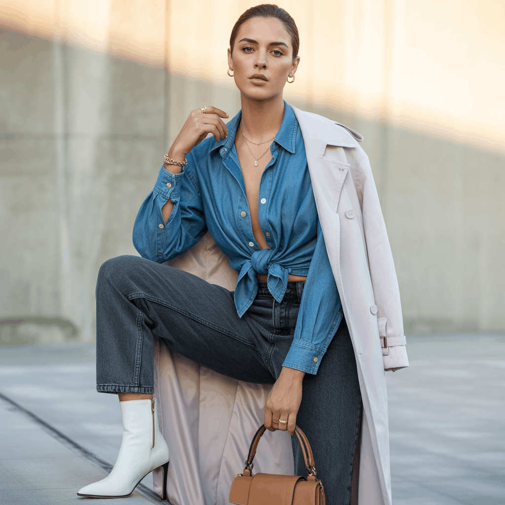Grey Jeans Outfits for Women - 15 Low-Effort Looks That Slay 17 Dark grey jeans with a light blue denim shirt and a white trench coat for a chic denim-on-denim fall outfit.