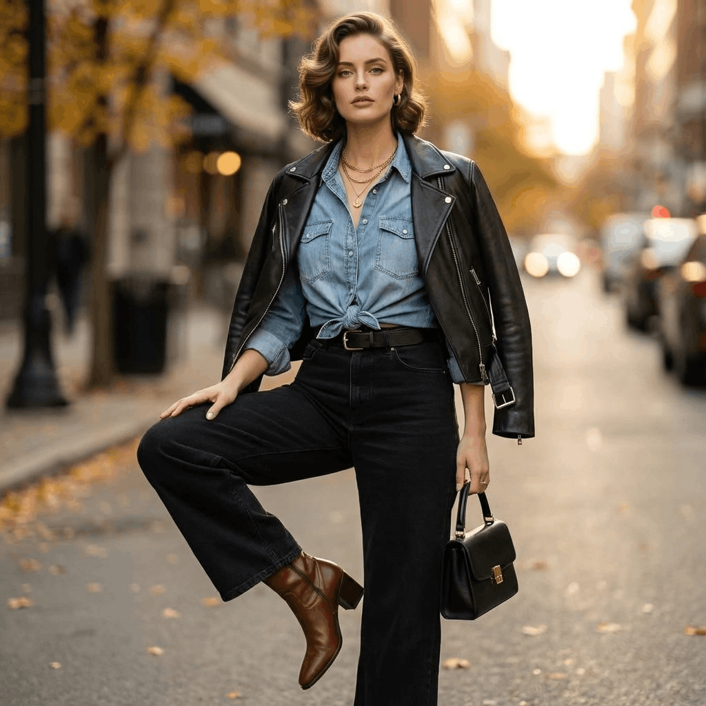 9 Genius Ways to Style Wide Leg Jeans for Effortless Autumn Outfits 11 Black denim jeans paired with light-wash denim shirt and leather jacket for a trendy, laid-back style