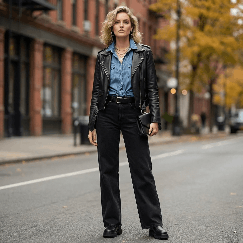 9 Genius Ways to Style Wide Leg Jeans for Effortless Autumn Outfits 10 How to style denim wide leg jeans with black denim and a denim shirt for a cool, edgy look