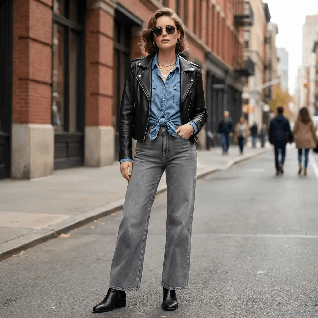 9 Genius Ways to Style Wide Leg Jeans for Effortless Autumn Outfits 9 Denim wide leg jeans and a classic denim shirt layered with a black motorcycle jacket for effortless chic.