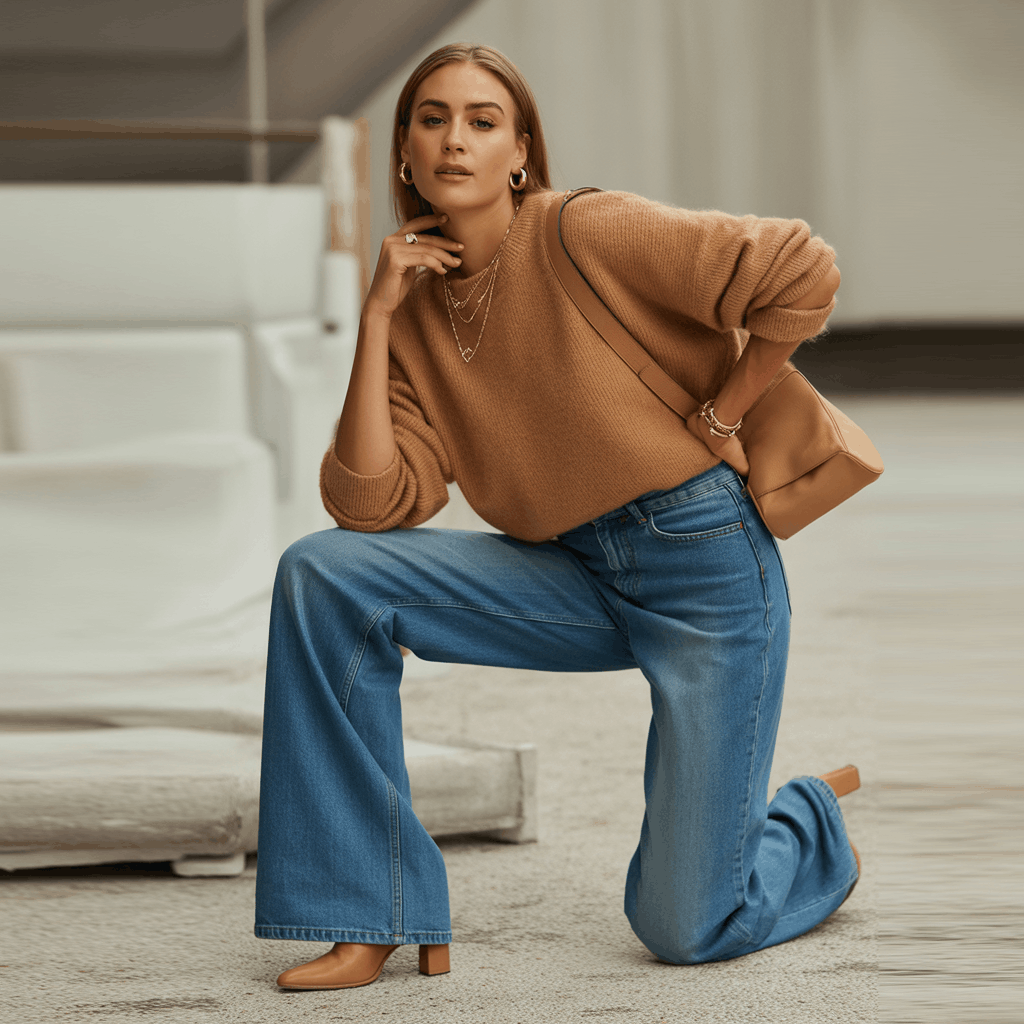9 Genius Ways to Style Wide Leg Jeans for Effortless Autumn Outfits 27 Wide leg jeans for women styled with a fitted top and trendy accessories for fall.