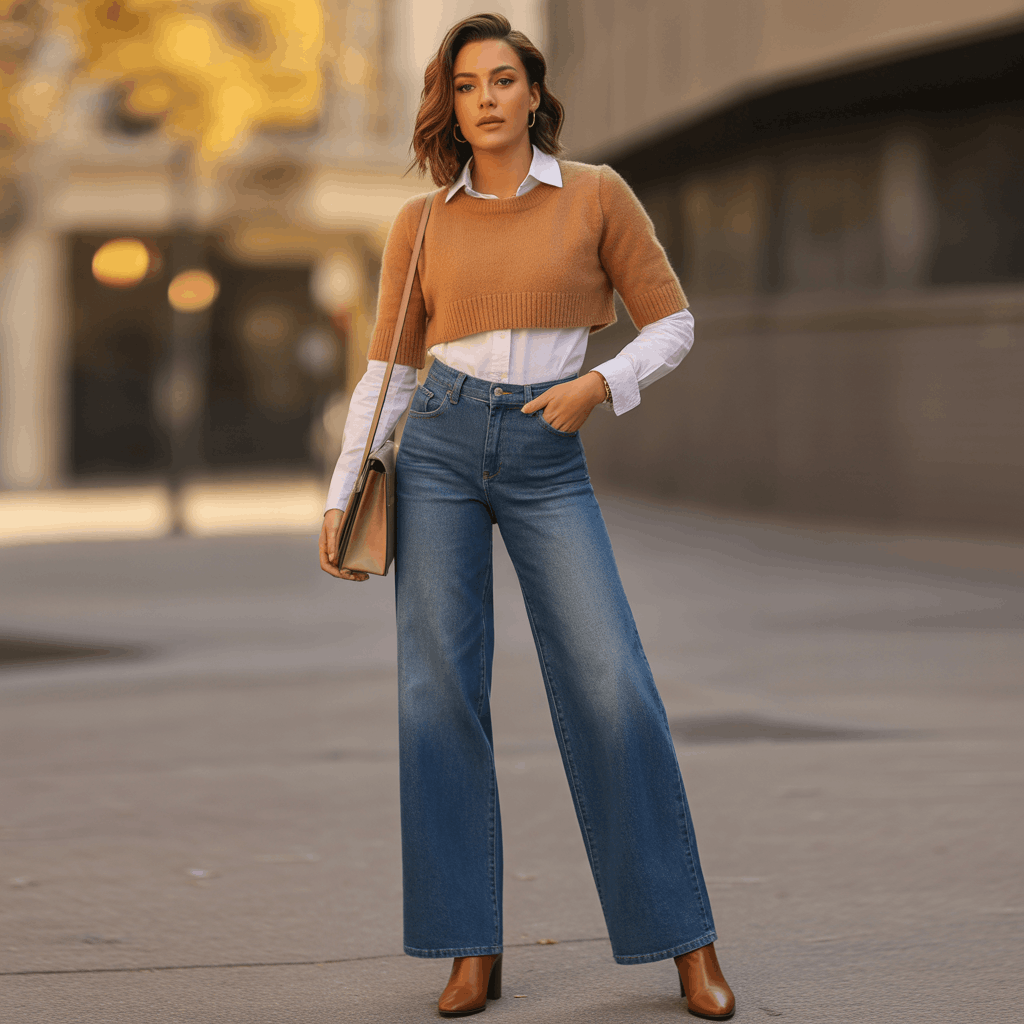 9 Genius Ways to Style Wide Leg Jeans for Effortless Autumn Outfits 26 Wide leg jeans and a chic cardigan create a perfect balance for cozy autumn looks.