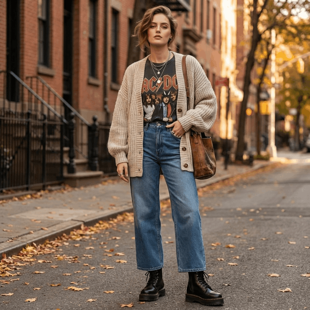 9 Genius Ways to Style Wide Leg Jeans for Effortless Autumn Outfits 12 Autumn looks with wide leg jeans and a graphic tee, paired with boots for a cool vibe.