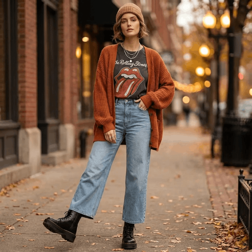 9 Genius Ways to Style Wide Leg Jeans for Effortless Autumn Outfits 13 Boots with wide leg jeans and a chunky cardigan for a cozy, trendy autumn outfit.