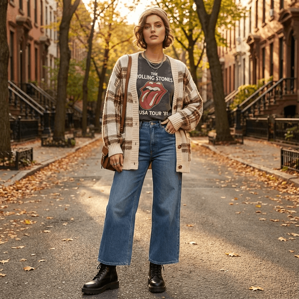 9 Genius Ways to Style Wide Leg Jeans for Effortless Autumn Outfits 14 Fitted tops for wide leg pants paired with wide leg denim and combat boots for a chic style.