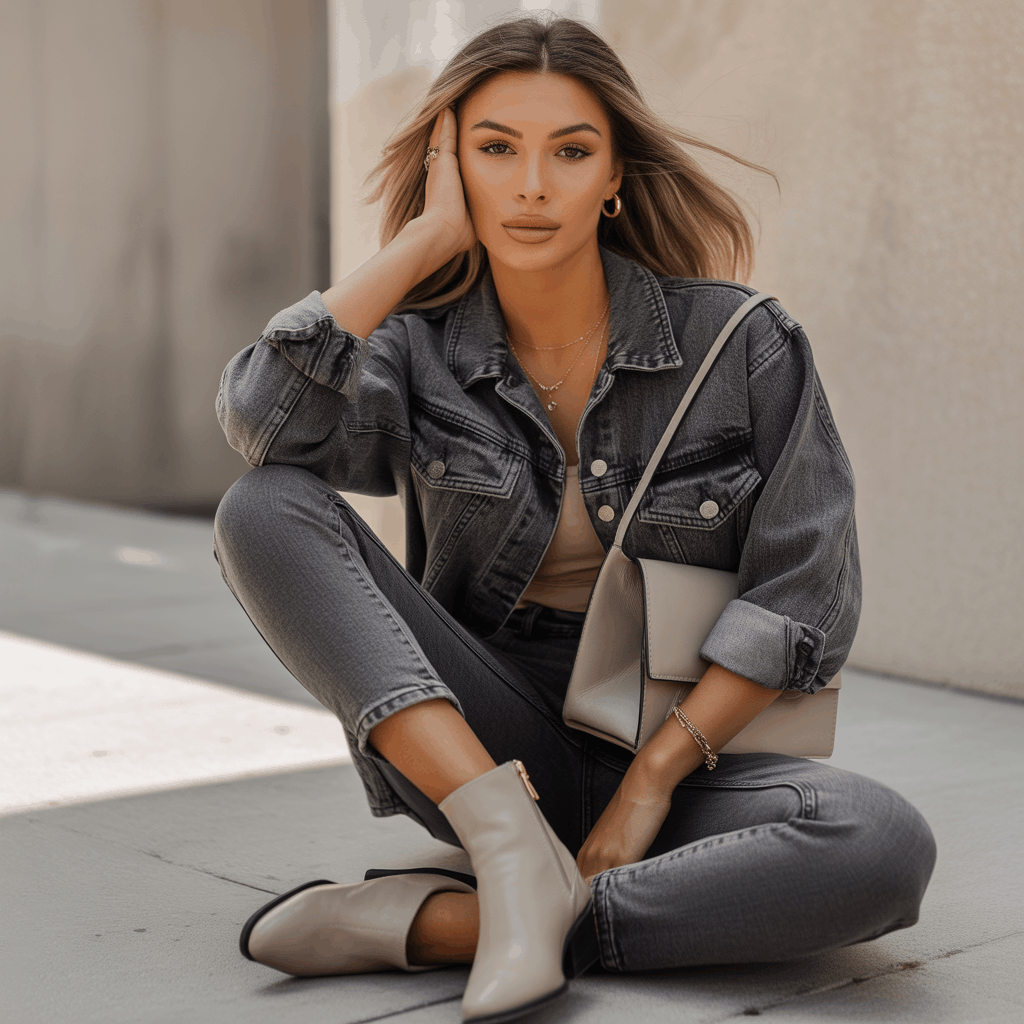 Grey Jeans Outfits for Women - 15 Low-Effort Looks That Slay 3 Dark grey jeans styled for a polished look, showing versatile washes from charcoal to light grey.