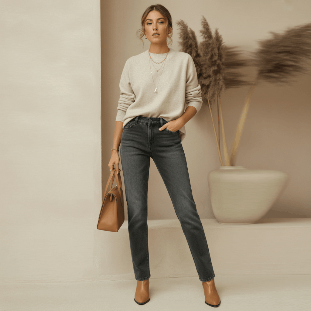 Grey Jeans Outfits for Women - 15 Low-Effort Looks That Slay 2 Grey jeans outfits featuring dark charcoal and silvery-light wash denim for chic, effortless everyday style.