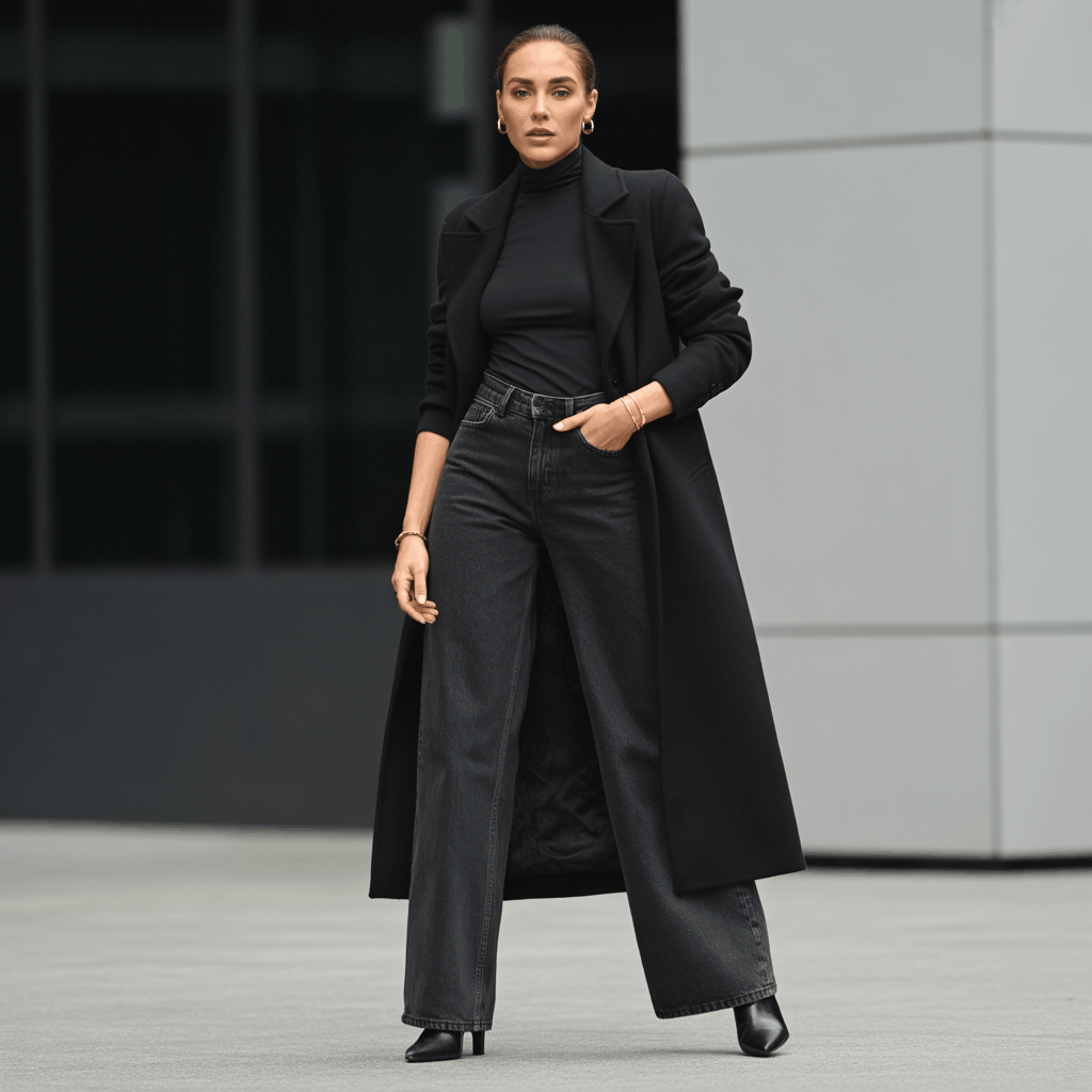 9 Genius Ways to Style Wide Leg Jeans for Effortless Autumn Outfits 24 Monochrome look with dark grey wide leg jeans, black turtleneck, and leather trench coat.