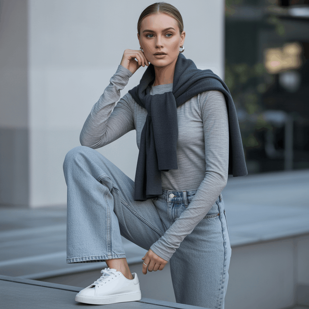 Grey Jeans Outfits for Women - 15 Low-Effort Looks That Slay 20 Cozy fall monochrome outfit with grey denim, layered grey accessories, and clean white sneakers for an effortless chic vibe.