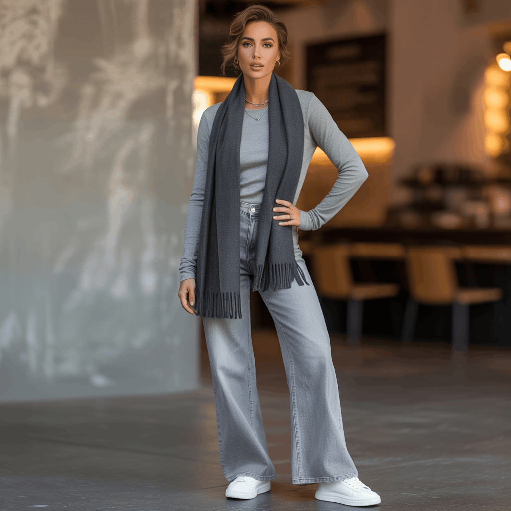 Grey Jeans Outfits for Women - 15 Low-Effort Looks That Slay 19 Monochrome grey jeans outfit womens look with light grey jeans, medium grey knit top, charcoal scarf, beanie, and white sneakers.