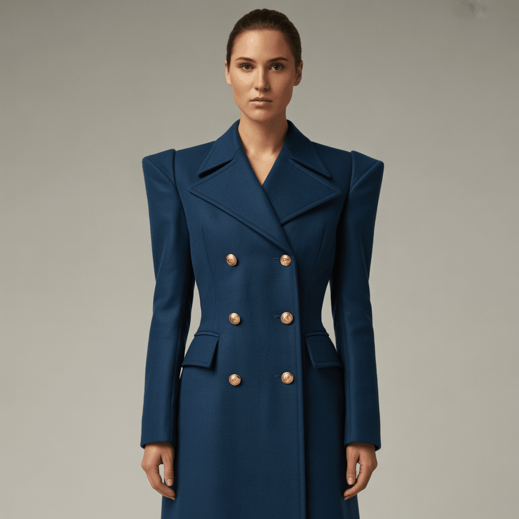 Military womens long coat with sharp shoulders and double-breasted buttons