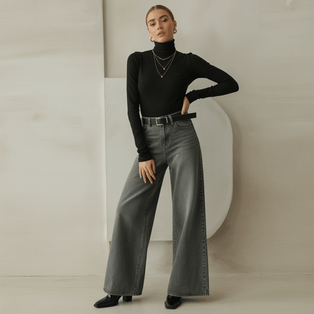 Grey Jeans Outfits for Women - 15 Low-Effort Looks That Slay 27 Wide-leg grey wash jeans styled with a fitted black turtleneck, belted waist, and structured boots peeking under the hem for a balanced, modern silhouette.