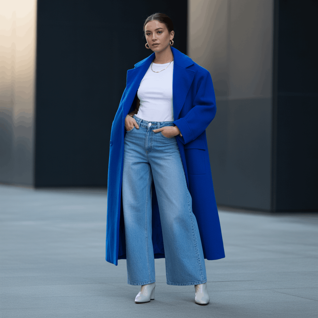 9 Genius Ways to Style Wide Leg Jeans for Effortless Autumn Outfits 21 Wide leg jeans with a colorful trench coat and plain heel boots for a chic, bold look