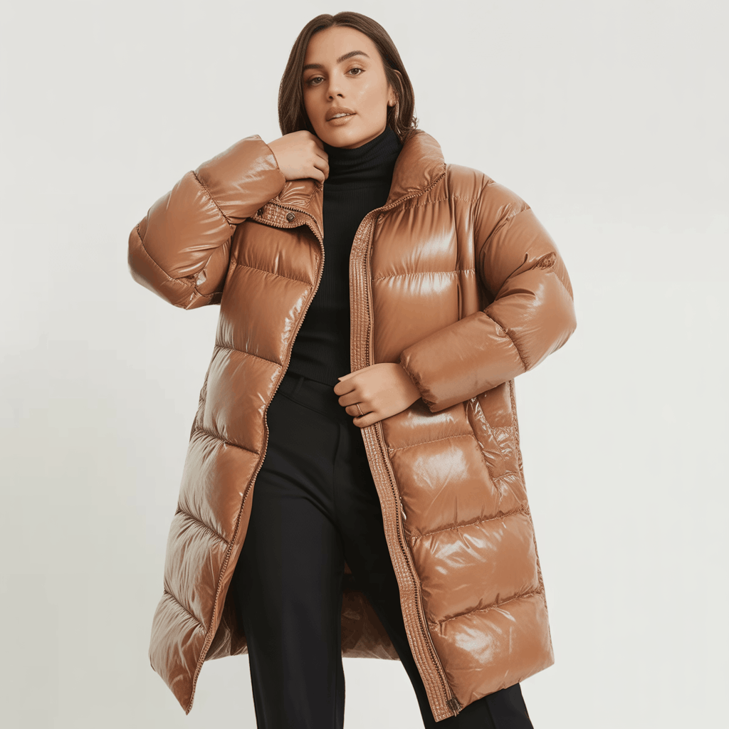 Padded womens long coat in a chic puffer design for winter