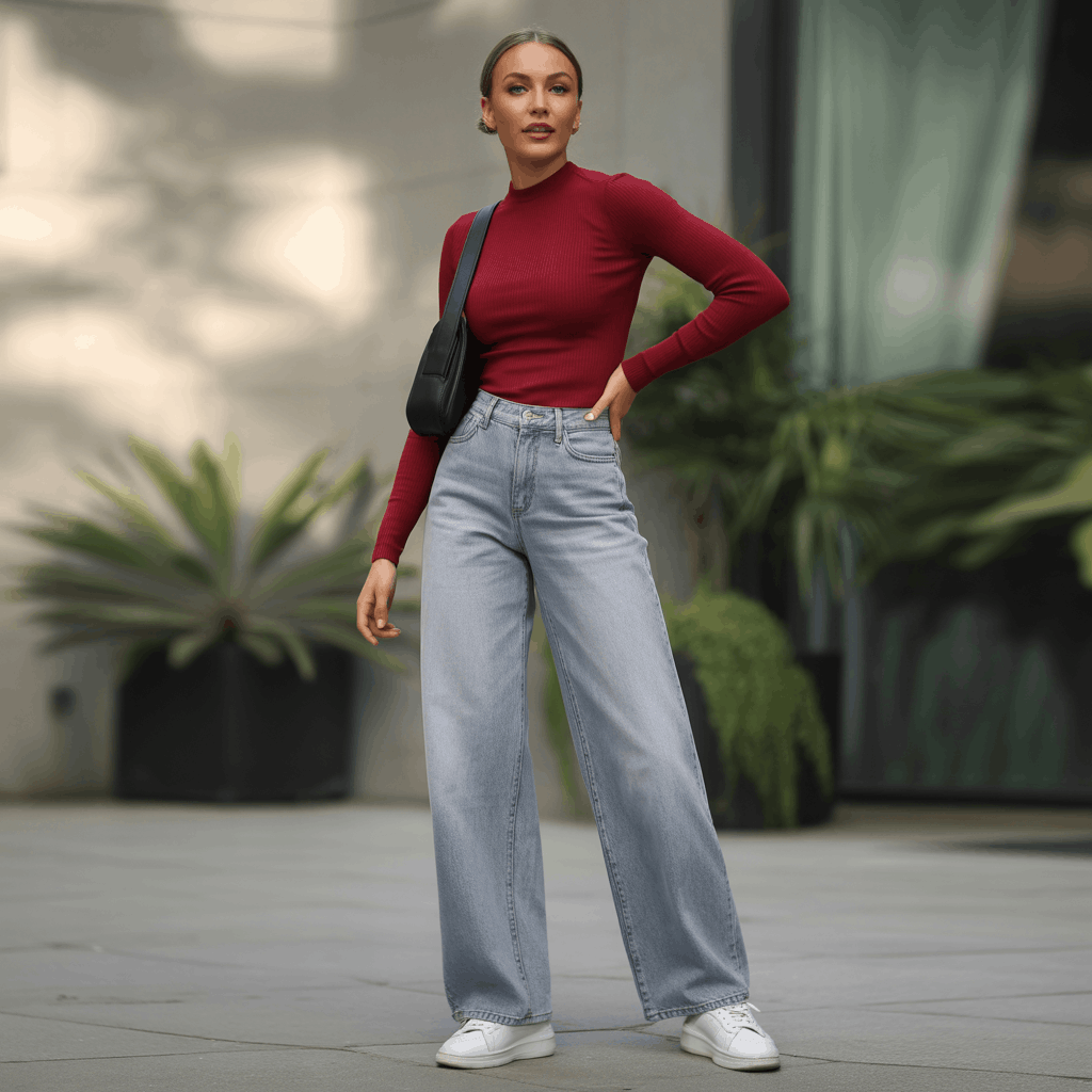 Grey Jeans Outfits for Women - 15 Low-Effort Looks That Slay 25 Light wash grey jeans styled with a bold red sweater, simple black or white sneakers, and a black crossbody bag for an effortlessly bold jean outfit for ladies.