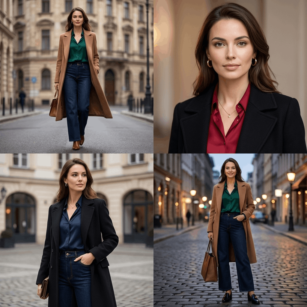 9 Genius Ways to Style Wide Leg Jeans for Effortless Autumn Outfits 17 Denim wide leg jeans and a rich jewel-tone blouse create a sophisticated look with a tailored wool coat