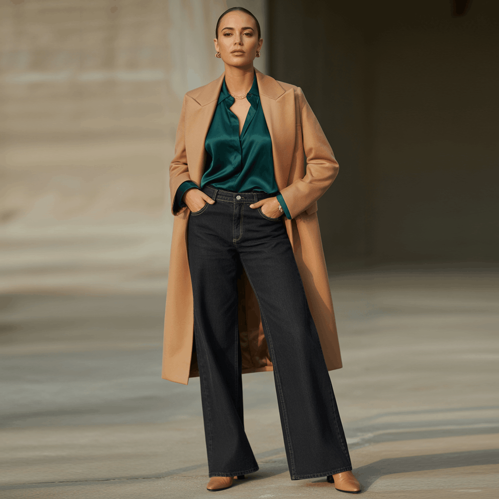9 Genius Ways to Style Wide Leg Jeans for Effortless Autumn Outfits 16 Black stretch jeans paired with a luxurious blouse and wool coat for a chic, refined outfit