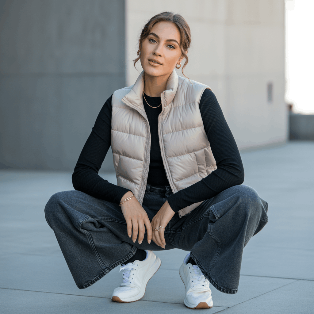 9 Genius Ways to Style Wide Leg Jeans for Effortless Autumn Outfits 19 Wide leg blue jeans paired with a quilted vest and classic sneakers for a cozy athleisure look