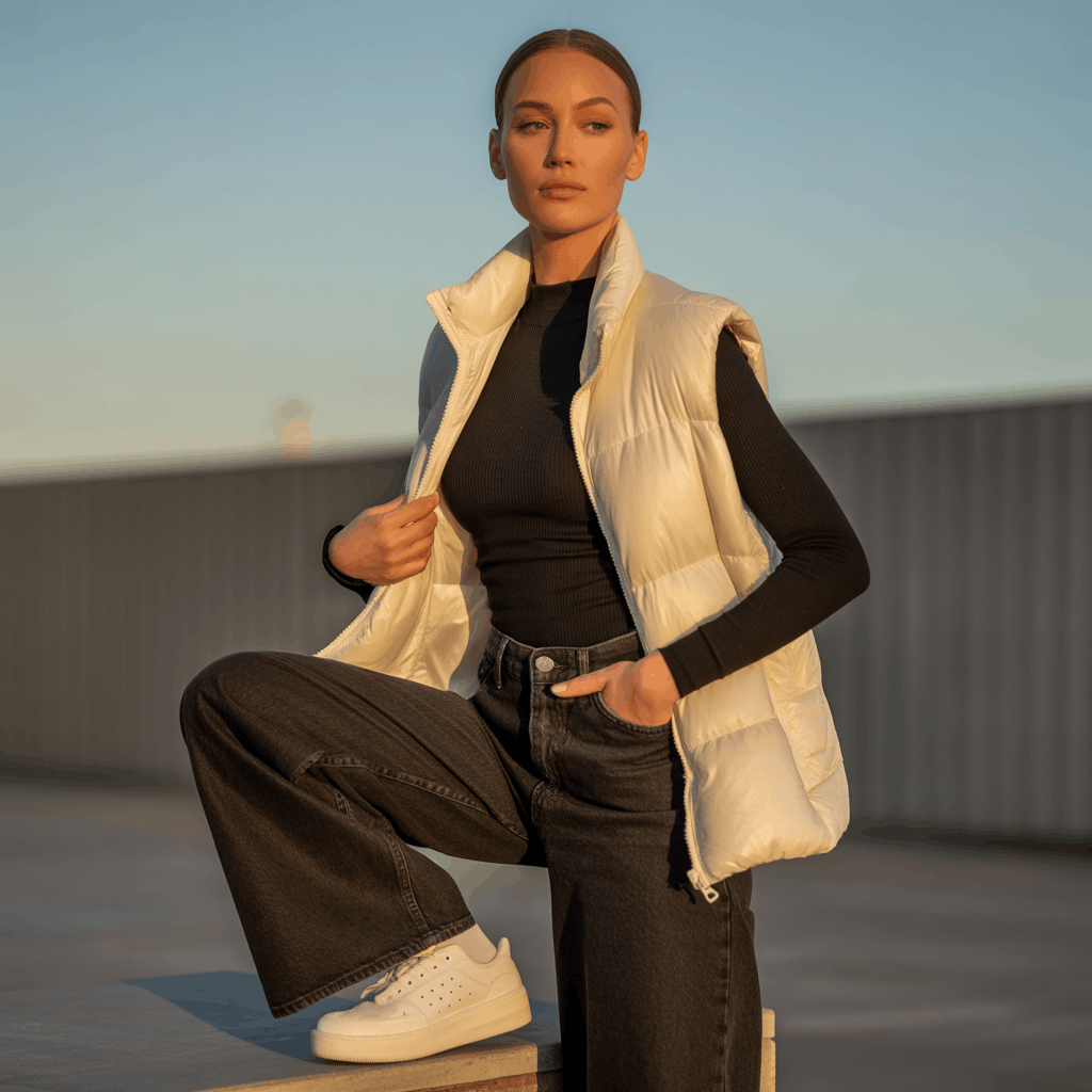 9 Genius Ways to Style Wide Leg Jeans for Effortless Autumn Outfits 18 How to style wide leg jeans outfits with a thermal top and puffer vest for a sleek, casual vibe