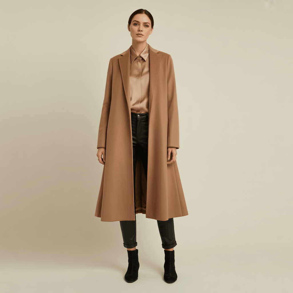 Womens dress coats in a swing silhouette, a winter style coat with narrow shoulders and a flowing A-line shape.