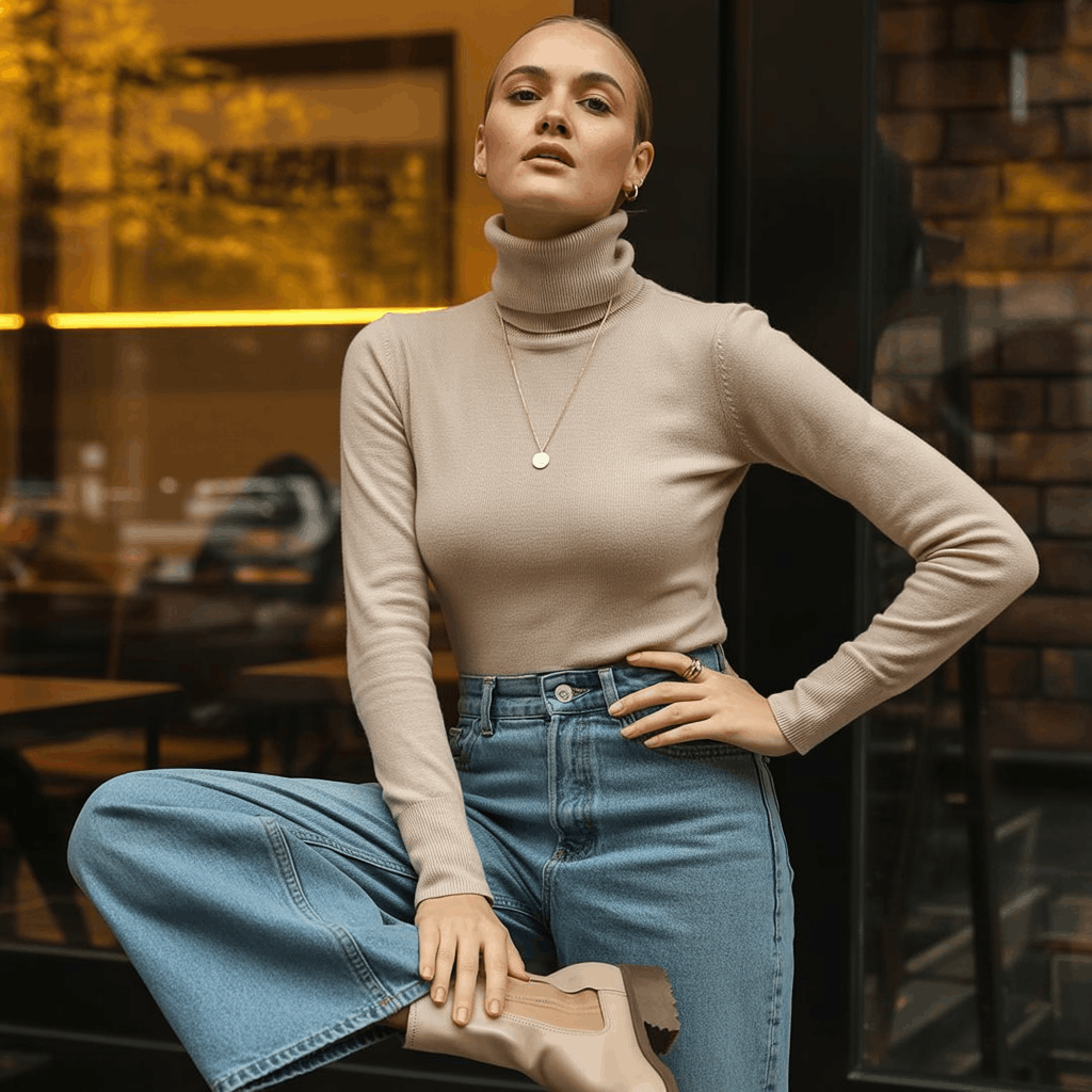 9 Genius Ways to Style Wide Leg Jeans for Effortless Autumn Outfits 8 How to style wide leg jeans with a turtleneck and ankle boots