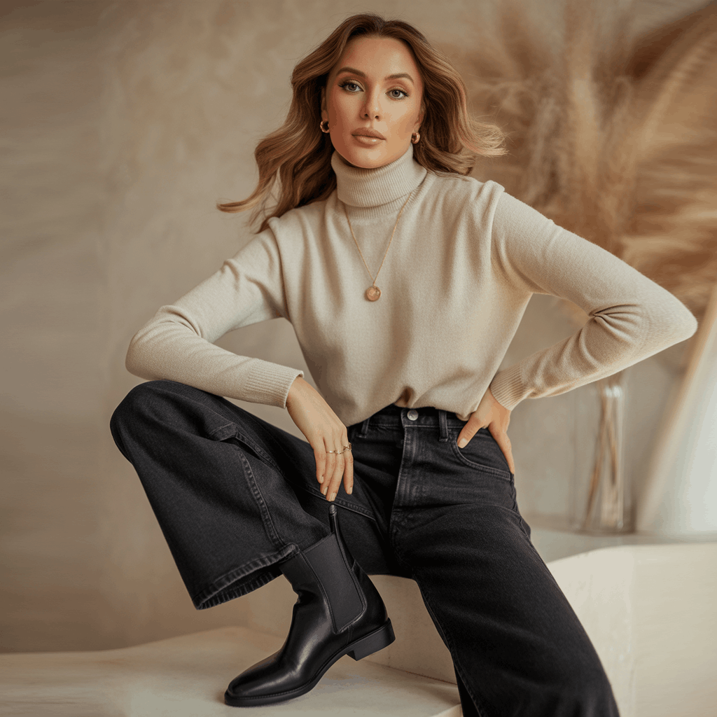 9 Genius Ways to Style Wide Leg Jeans for Effortless Autumn Outfits 7 Autumn wide leg jeans outfits with fitted turtleneck and tall boots for a flattering silhouette.