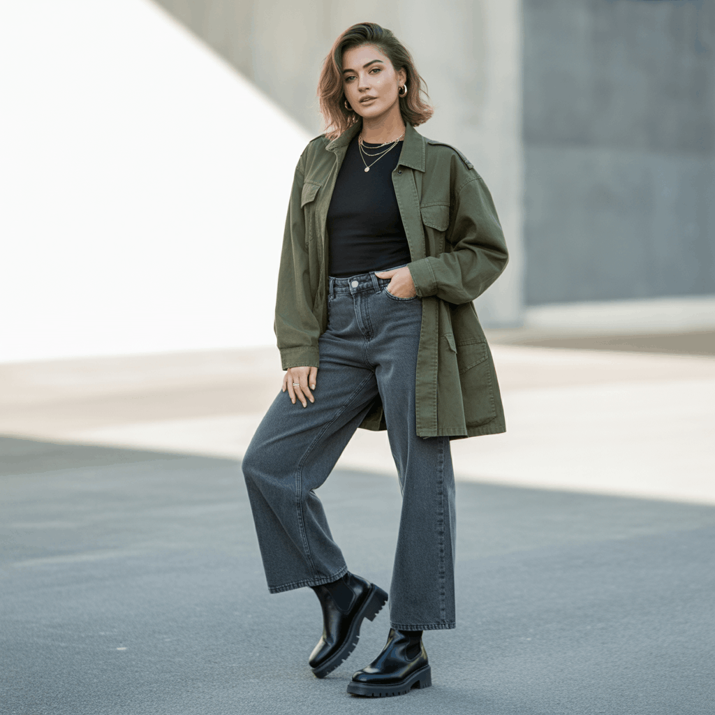 Grey Jeans Outfits for Women - 15 Low-Effort Looks That Slay 29 Cool grey pants outfit vibe with grey jeans, green/black utility jacket, and black Chelsea boots for an effortless street-style look.