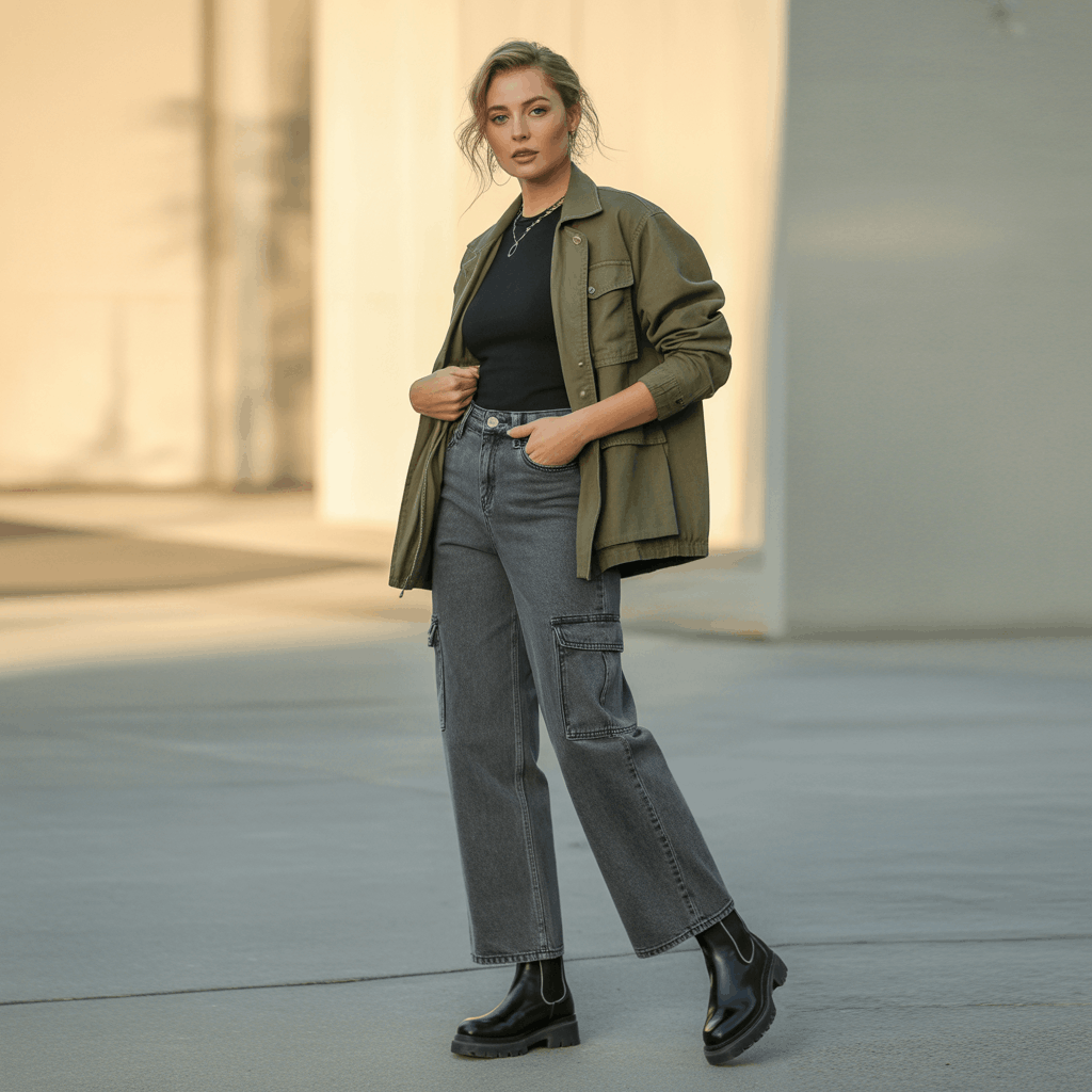 Grey Jeans Outfits for Women - 15 Low-Effort Looks That Slay 28 Grey black jeans styled with a black long-sleeve top, utility jacket, and chunky Chelsea boots for a rugged, practical fall outfit.