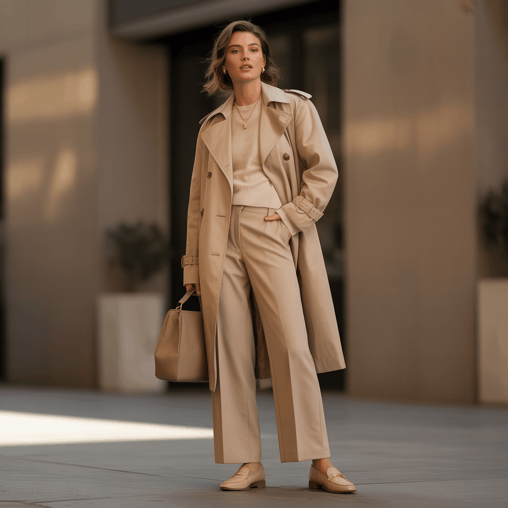 32 Elegant Beige Outfits for Women With a Classic, Old-Money-Inspired Feel 63 Trench coat adding structure and polish to an elegant classic beige look.