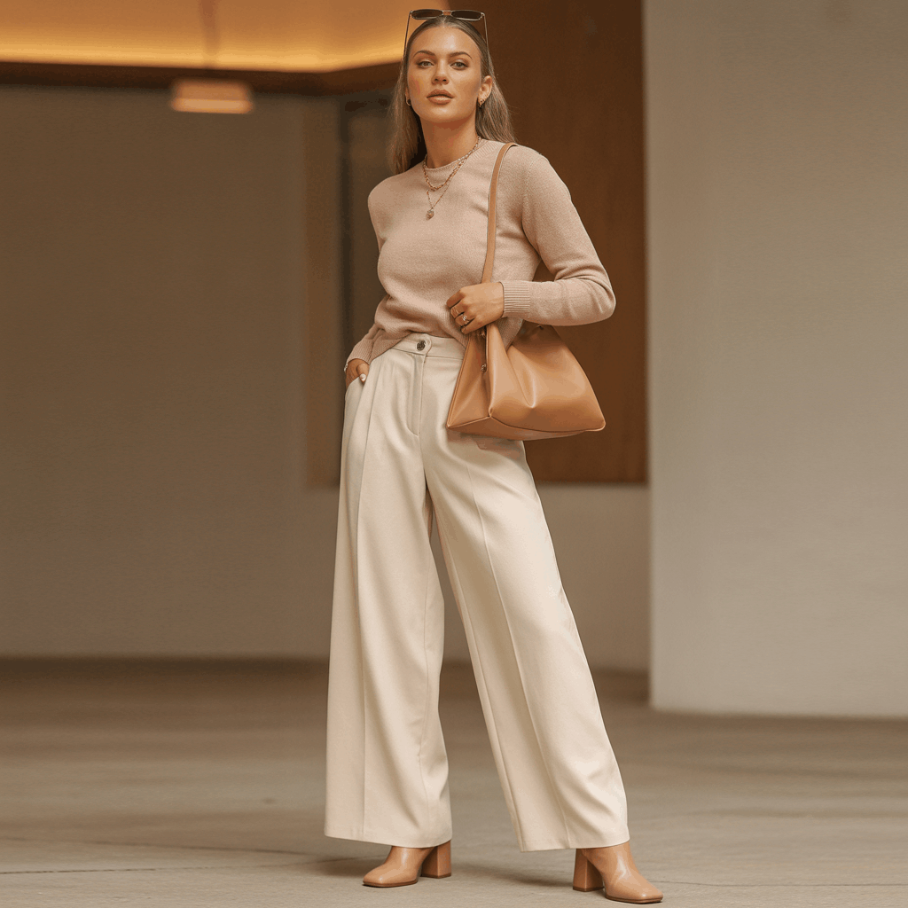 32 Elegant Beige Outfits for Women With a Classic, Old-Money-Inspired Feel 60 Wide-leg trousers worn as a comfortable and polished base for beige outfits.
