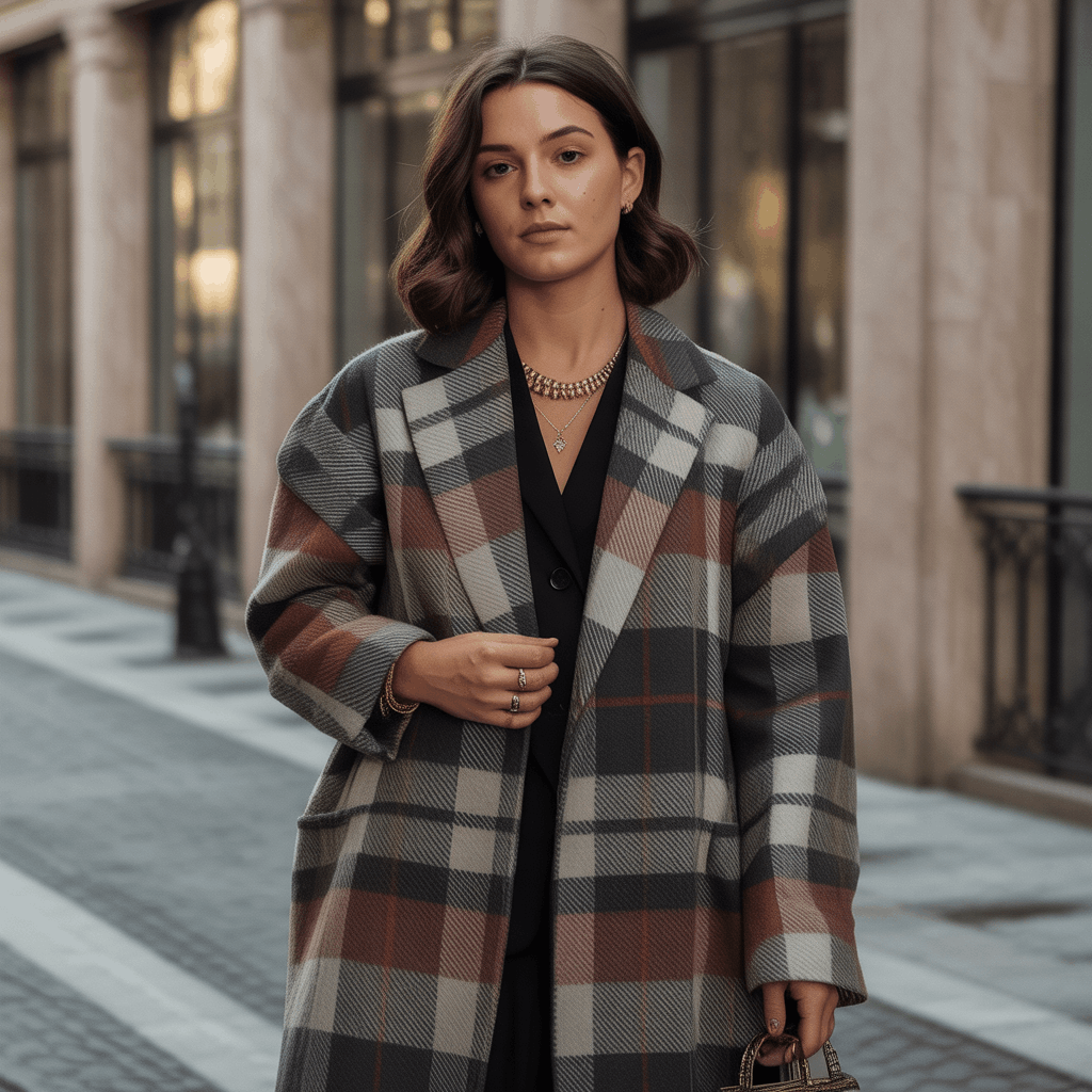 Checked womens overcoat with a timeless coat pattern and polished style