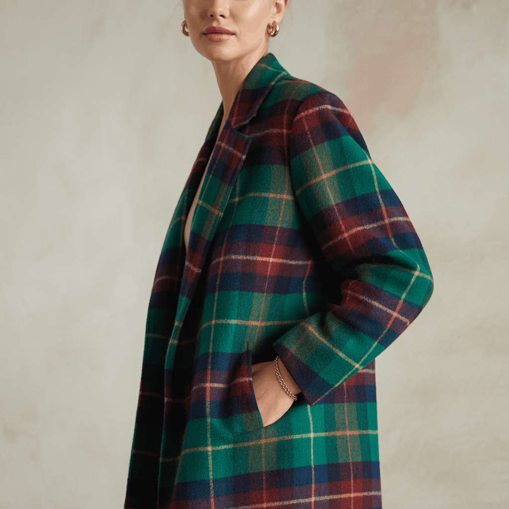 Wool plaid long Green coat with a classic structured winter look