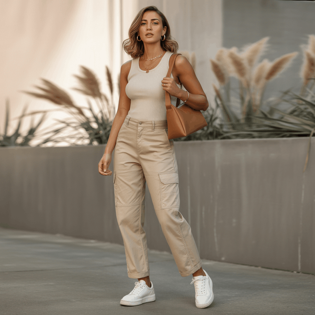 32 Elegant Beige Outfits for Women With a Classic, Old-Money-Inspired Feel 4 Woman wearing beige cargo pants and a fitted ribbed top styled in chic beige outfits for a casual daytime look.