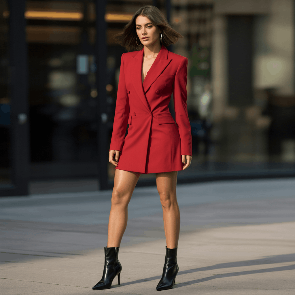 35 Cinco de Mayo Outfit Women Guide: Dress for Your Vibe, Not Just the Holiday 29 Woman wearing a blazer dress in red, cobalt, or a bold print with heeled ankle boots for a sharp edgy festive look