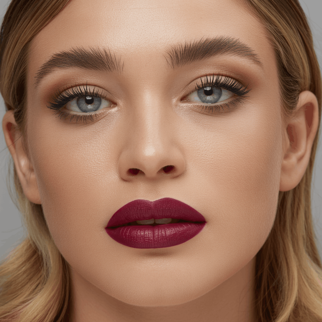 Close-up of a woman with a deep berry lip, defined filled brows, bare eyes, and minimal black mascara for a clean evening makeup look