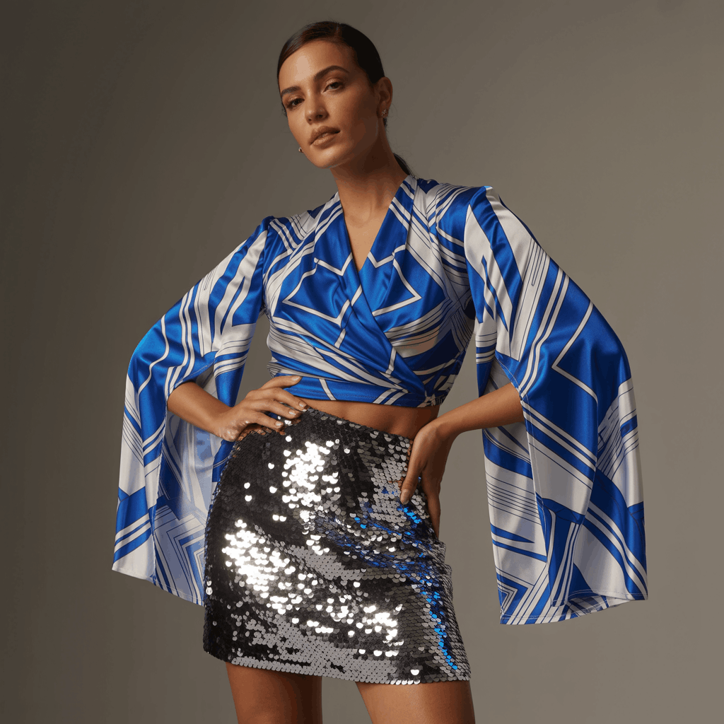 31 Cinco de Mayo Outfits Women Will Love (Because Life's Too Short to Wear Boring Colors) 32 Woman wearing a bold printed wrap top with a sequin mini or midi skirt for a rule-breaking evening Cinco de Mayo outfit.