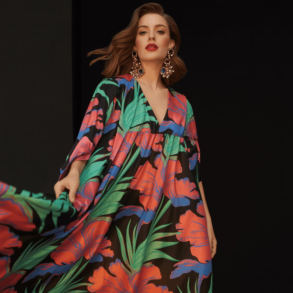 31 Cinco de Mayo Outfits Women Will Love (Because Life's Too Short to Wear Boring Colors) 27 Woman wearing a bold printed maxi dress with oversized statement earrings and a red or coral lip for a dramatic evening Cinco de Mayo outfit