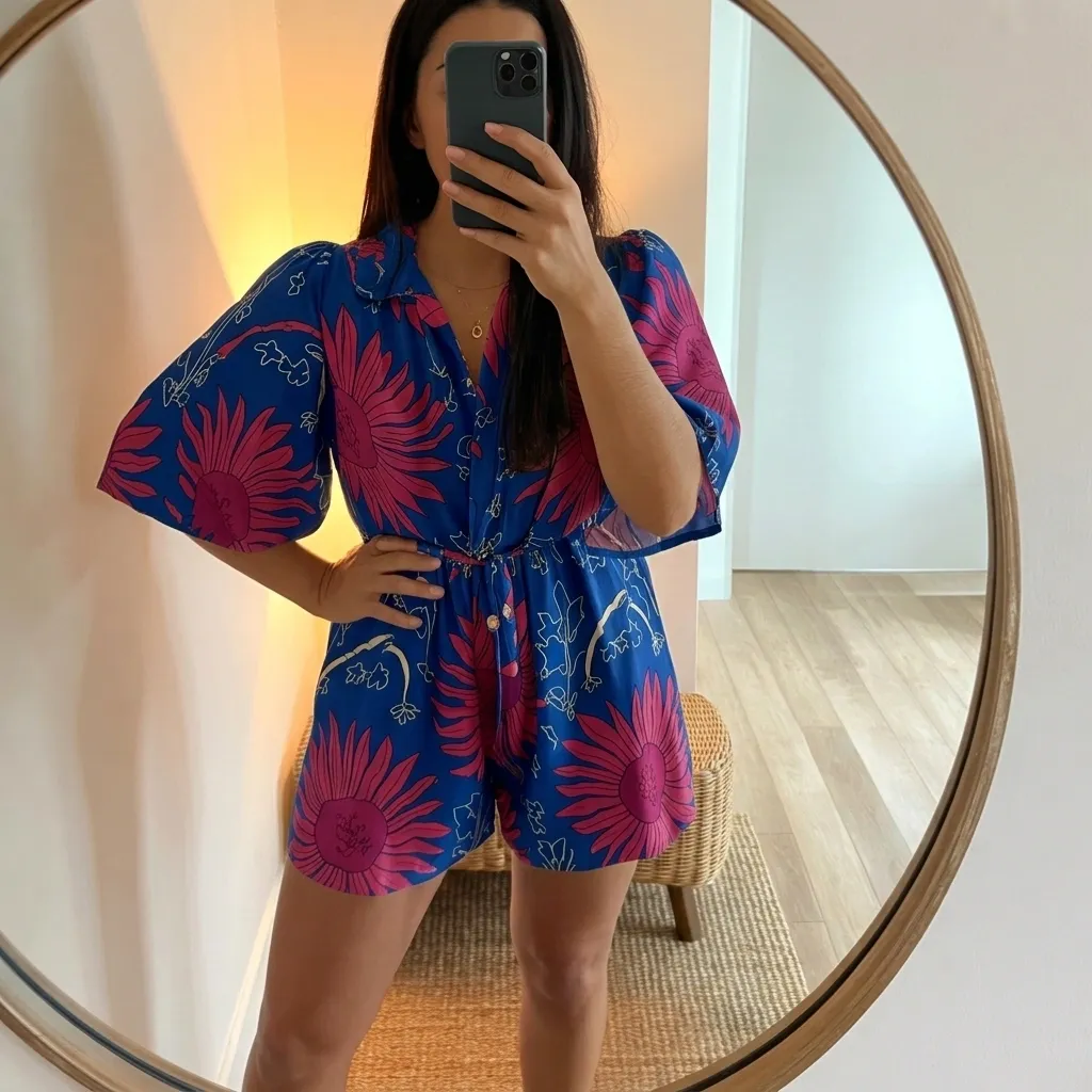 Printed romper in warm fiesta tones like sunflower yellow, terracotta, or tropical florals, styled with wedge sandals for an easy festive look