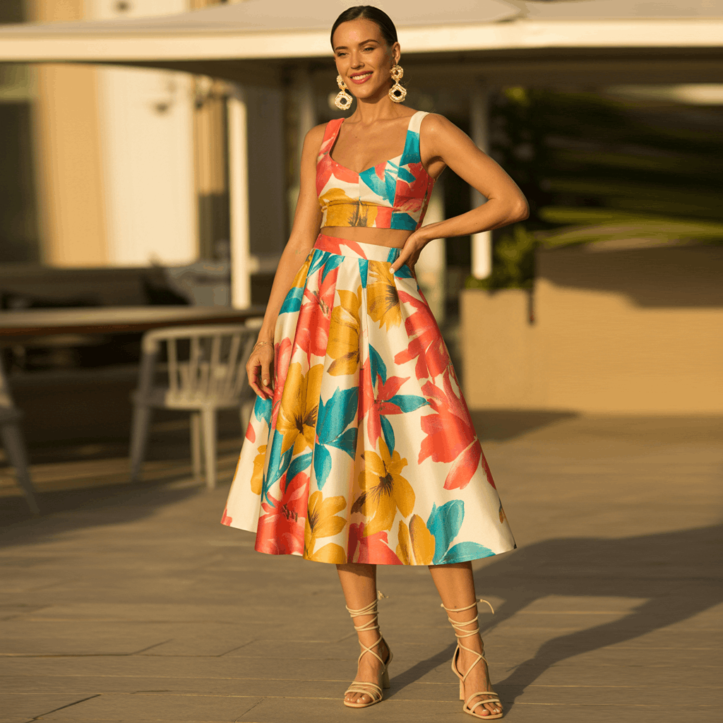 31 Cinco de Mayo Outfits Women Will Love (Because Life's Too Short to Wear Boring Colors) 17 Woman wearing a bold printed two-piece skirt set with strappy heeled sandals and statement earrings for a polished afternoon Cinco de Mayo outfit
