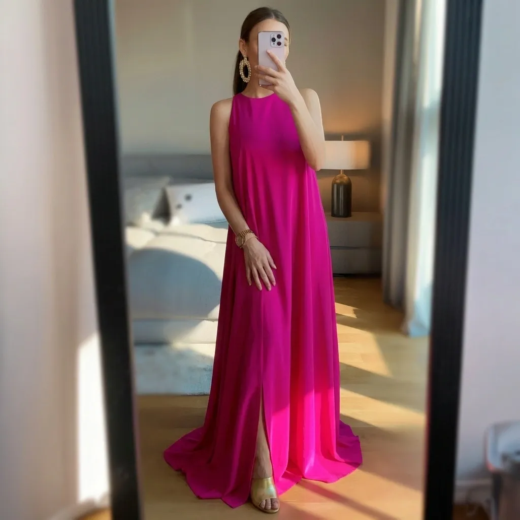 Bright maxi dress with a thigh slit in fuchsia, cobalt, or tangerine, styled with heeled mules and statement gold earrings for a bold festive look.