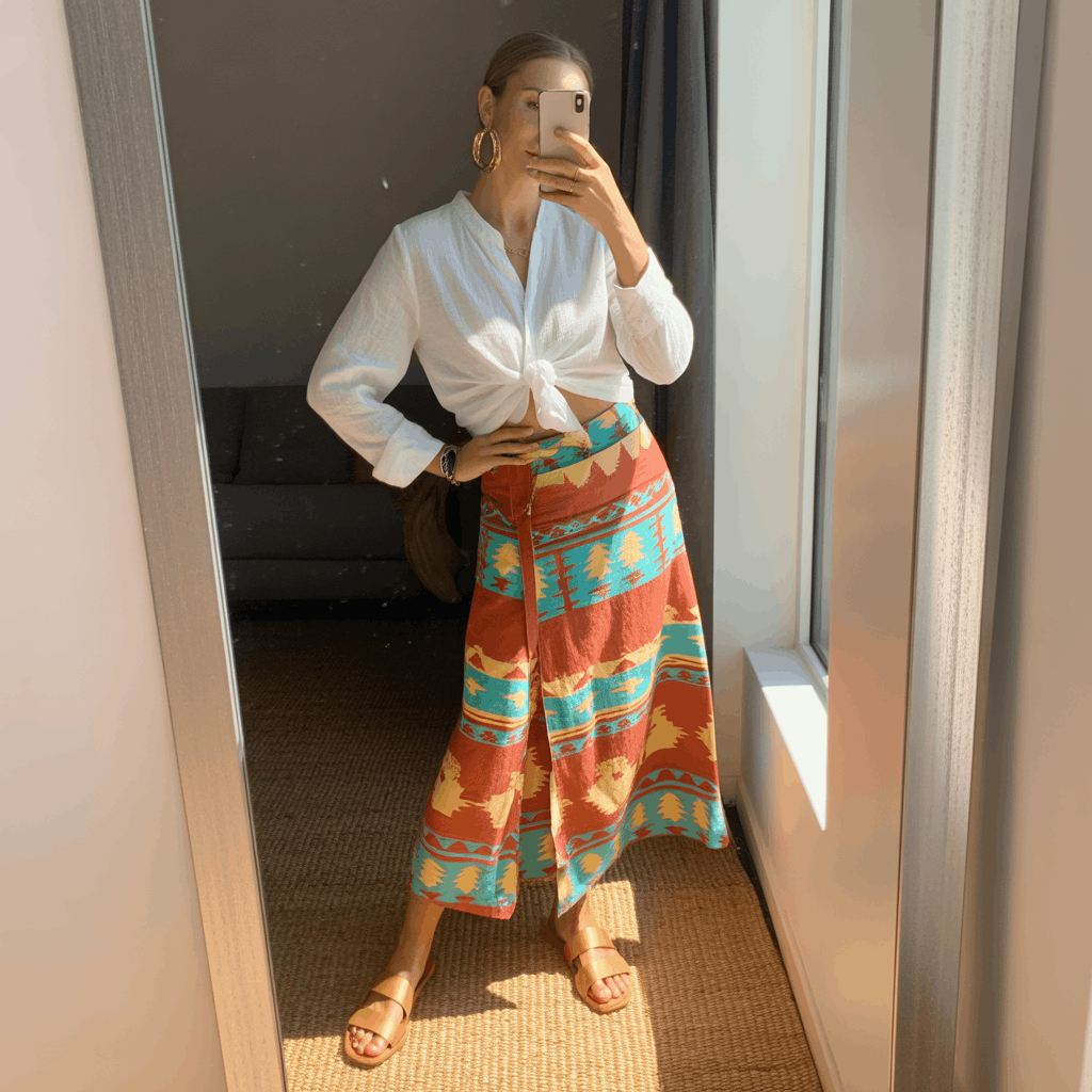 Cinco de Mayo outfit for women featuring a bright printed wrap skirt, a white linen blouse tied at the front, hoop earrings, and flat sandals for a festive brunch-to-bonfire look.